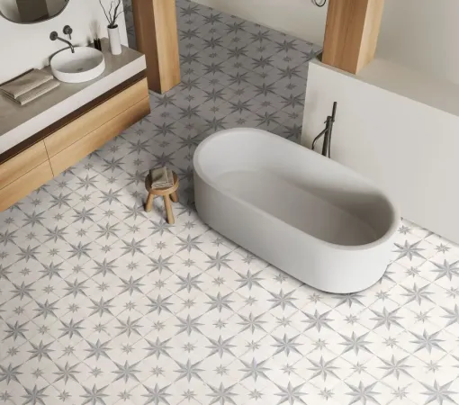 Wzorzyste płytki podłogowe Aparici do łazienki