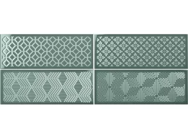 Fulham Green Decor 15x40 - zielona płytka ścienna cegiełka z wzorem geometrycznym