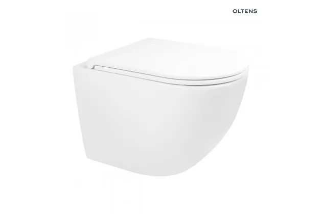 Zestaw Oltens Hamnes Stille miska WC wisząca PureRim z powłoką SmartClean z deską wolnoopadającą Ovan Slim biały
