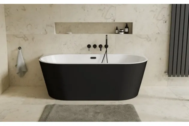 Wanna wolnostojąca przyścienna Vica New B&W Matt 150x80 z przelewem szczelinowym slim i syfonem klik-klak