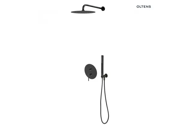 Zestaw Oltens Rann bateria podtynkowa z deszczownicą 30 cm Vindel i kompletem prysznicowym Ume czarny mat 36630300
